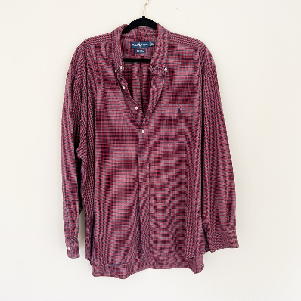 Ralph Lauren Men's Red Long-Sleeve Button-Up Shirt XXL Big Shirt Cotton Heavy